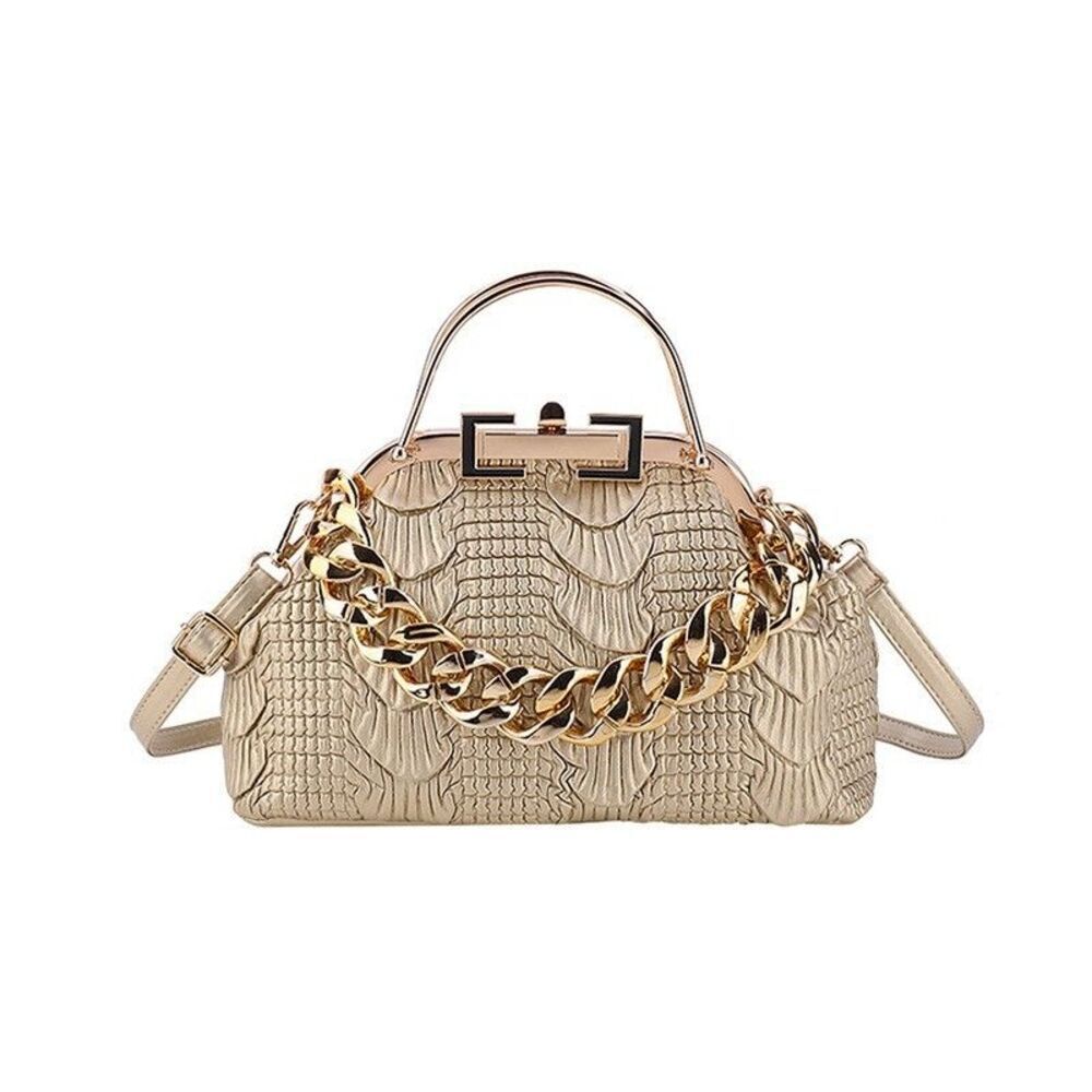 Top Handle Gold Croc Boxy Metal Handle Handbag Satchel